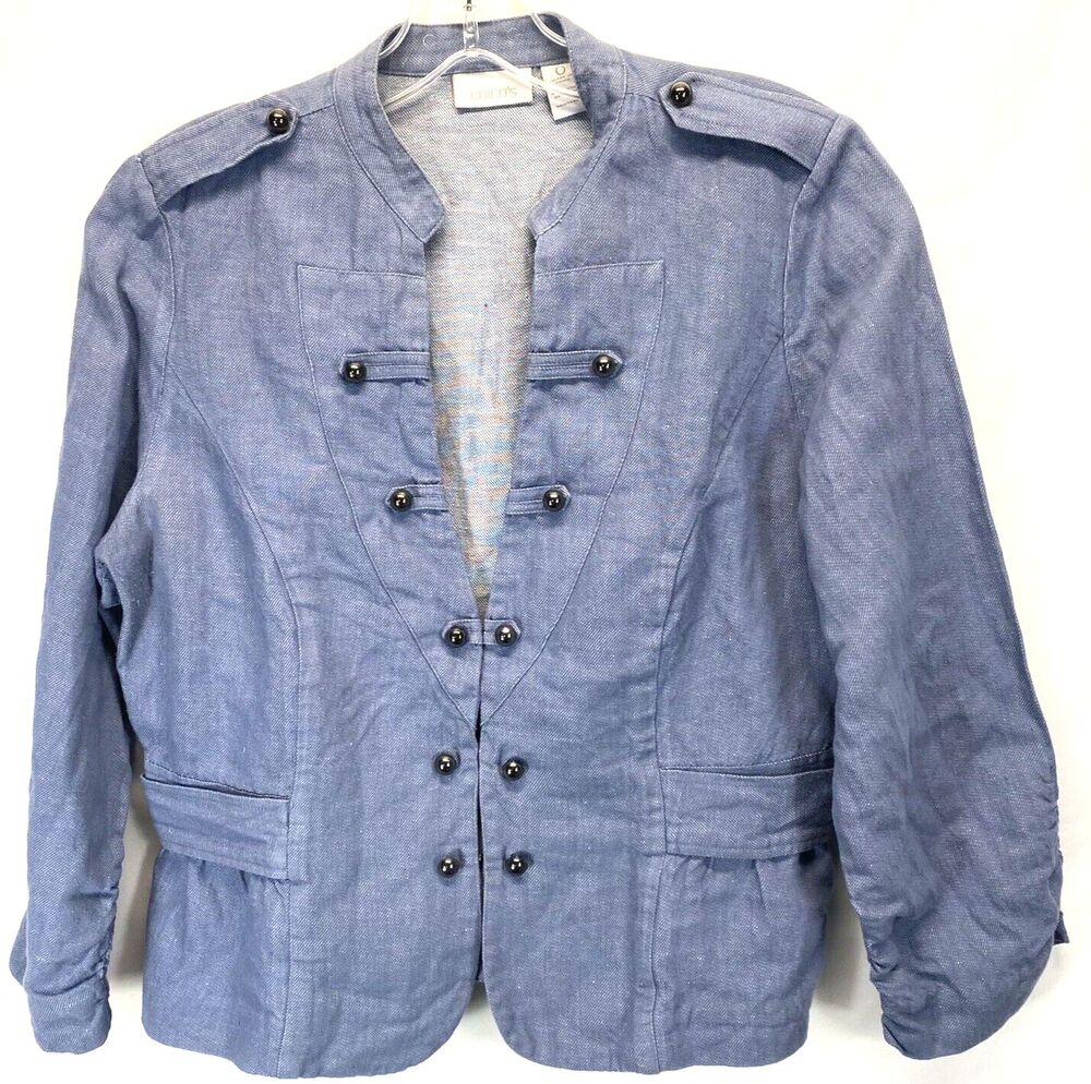 Chico's Women's Jacket Sz 0 Linen Blend Military Buttoned Hook-Eye Distressed